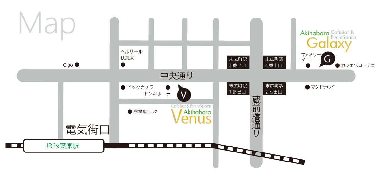 【地図】秋葉原 イベント会場・ライブハウス・カフェバー Venus